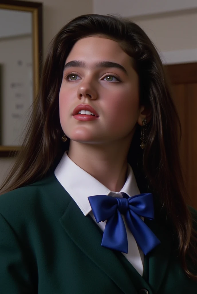 ( Masterpiece,   Top Quality:1.5), 
 in the seat,   alone, 
Beautiful 17-year-old innocent girl Jennifer Connelly ., 
 waist shot,   Side View  ,    Her beautiful profile .,
She feels sexual pleasure 、  she closes her eyes  ,   Her shiny lips are sensually...