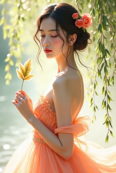 A beautiful girl wearing a long dress with a delicate face, a willow leaf, a purplish lip like a peach blossom