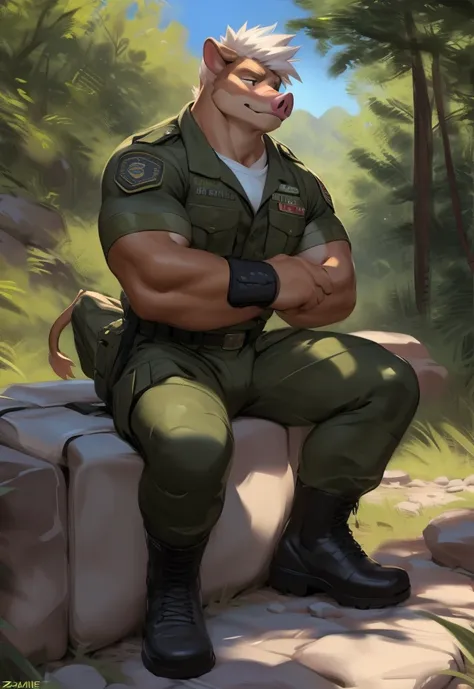 male, anthro, muscle, black green Army uniform , (pig ), Meditation, marines outfit, marines,boot camp,half length portrait, white mane, , by zackary911, chunie, meesh, kiyosan, sigma x, bara, detailed background