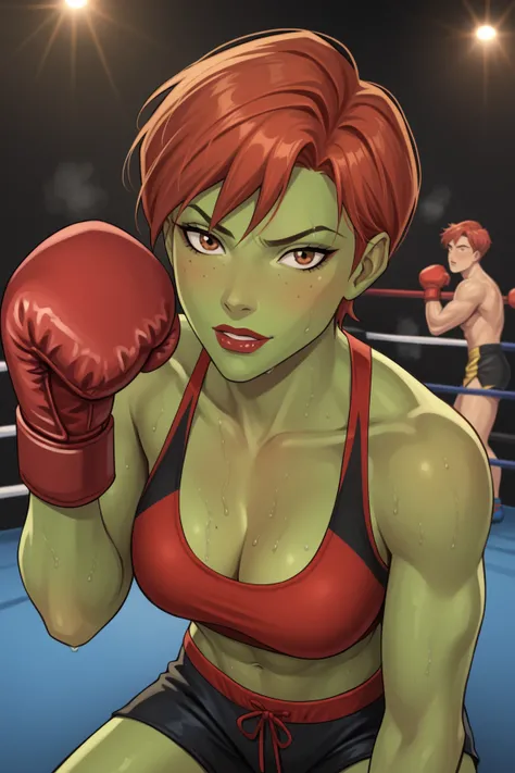 PonyXLV6_Scores BREAK (perfect anatomy, perfect eyes), BREAK mgann morzz, short hair, red hair, colored skin, green skin, freckles, brown eyes, makeup, lipstick, flirting, raised eyebrow, ((looking at viewer)), superhero, red and black boxing gloves, red a...