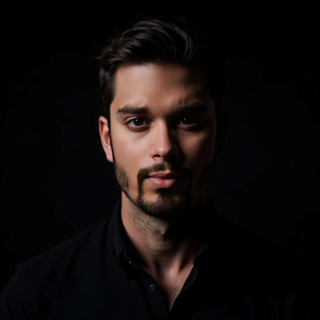 high quality, face portrait photo of 28 y.o european man, wearing black shirt, serious face, detailed face, skin pores, cinematic shot, dramatic lighting