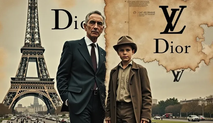 Thumbail by Bernard Arnault with a poor boy next to him dressed in clothes from the 1930s behind them you can see the name or logos of brands such as Dior or Luis Voitton and in the background you can see the Eifel Tower, with collage that divides the char...