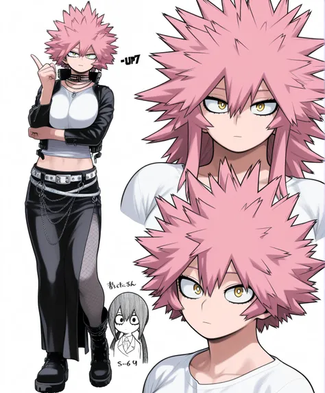 Female **li, short hair, dark pink hair, spiky hair, upturned hair, long hair, hair combed up, upturned hair, pigtails pointing up, hair combed up, hair combed up, yellow eyes, emo fashion, big eyes, eye makeup, mascara, flat coloring, 2D coloring, muscula...