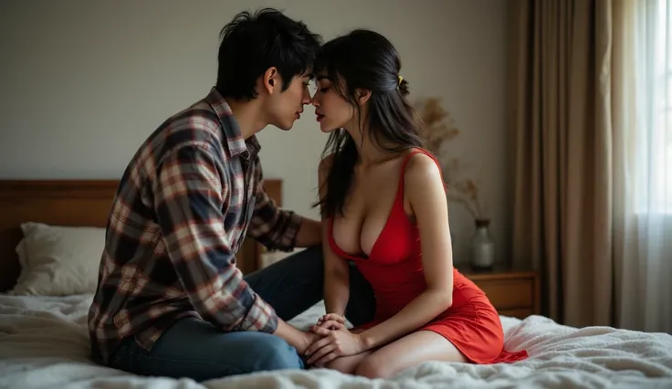 Prompt: " Arga, a handsome 19 year old Japanese man wearing a flannel shirt, jeans, and big breasted miyabi, beautiful in a red mini dress, 30 year old Japanese woman, . The background shows a bedroom, sitting on the bed, holding each other face to face,uh...