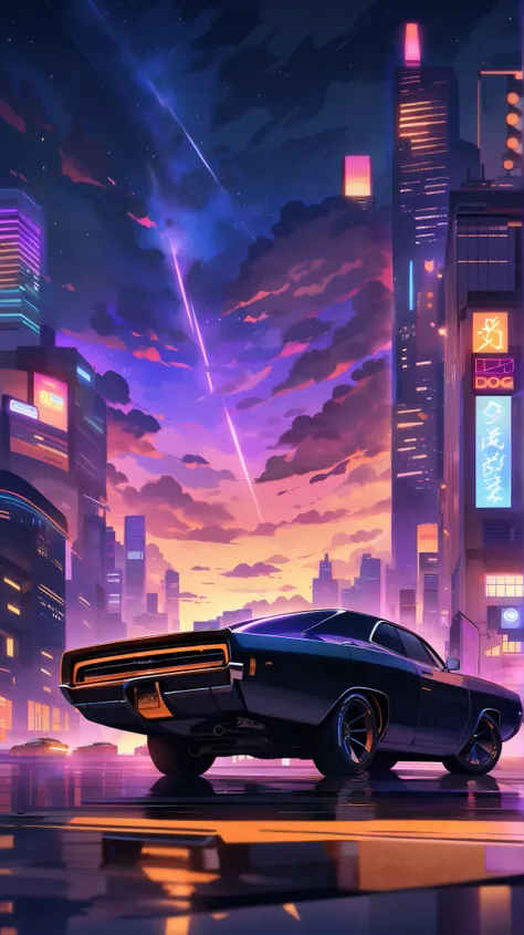 "A 1969 Dodge Charger R/T parked on a neon-lit city rooftop as the sun sets. The skyline glows with futuristic anime-inspired hues of purple, blue, and orange. Wispy, stylized clouds stretch across the sky, mirroring the reflection on the car’s glossy blac...