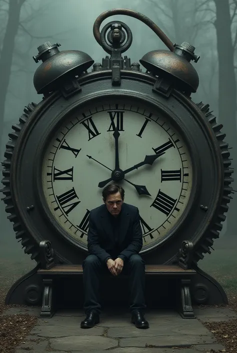 A man who is sad sitting on the bench that bench made by clock 