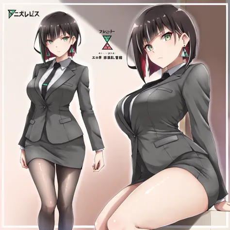 masterpiece, (((( best quality )))),1 girl, Japanese Anime ,character profilele,shiny skin, wearing a black suit,skirt suit, black tie , dark hair, short bob hair,The inner color of the hair is green, green eyes,isosceles triangle earrings, black tights,la...