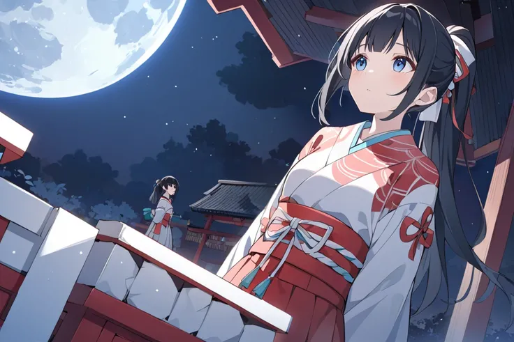 night、Blue Moon、Square、Shrine maiden、 1 girl,  black hair,  ponytail,  composition looking up from below、 Dutch angle,  anime style、Mysterious、 Dim Atmosphere 、