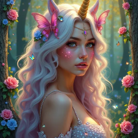 shiny oil paint, oil painting style, realistic oil painting Midjourney Art 
uma mulher linda, striking look,  eye irises with reflection ,  unicorn horns and ears ,  pink shade with smoky gold with sparkles ,  long lashes and outlined , illuminated skin,  ...