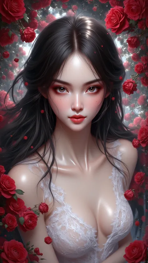  Anime Girl in a White Dress with Long Black Hair and Red Roses, Gwaiz, Gwaiz on pixiv artstation,  detailed digital animation art,  beautiful anime girl , Gwaiz on artstation pixiv,  anime style 4k with AK5 rifle, everyone,  beautiful anime style portrait...