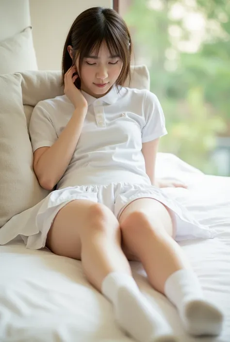 (Masterpiece, Best quality:1.3), (Ultra realistic, Photo-realistic:1.2), (nsfw:1.5), (Full body:1.1), (lie on back:1.3), (spread legs:1.3), Natural light, 28 years old actor, Japanese woman, Neat and clean, ((Wearing white tennis uniform, White short-sleev...