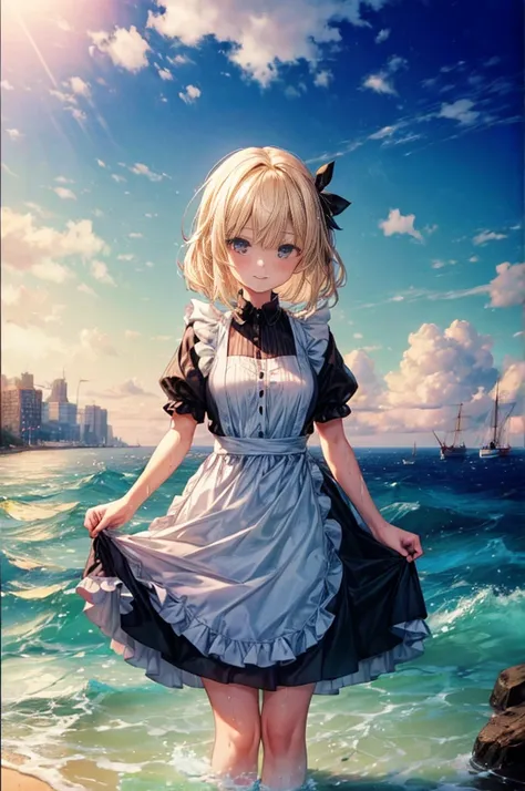 (8k,  super quality next to each other,  Masterpiece:1.2),  Ultra High Resolution,  one woman,  cute,  small breasts,  blond,  in white and black maid clothes ,  Katyusha,  blue ribbon,  apron dress, whole body, soaked,  like a ,  best smile, sea, sea水浴, W...