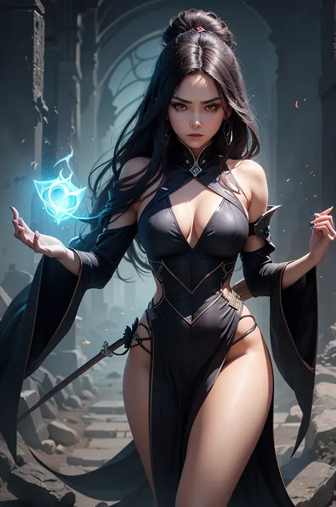 Create an image of Selena, the assassin/mage hero from Mobile Legends. She should be shown in a dynamic, mysterious pose, surrounded by dark magic and eerie shadows. Selena should be holding her signature Abyssal Arrow in one hand, while the other hand is ...