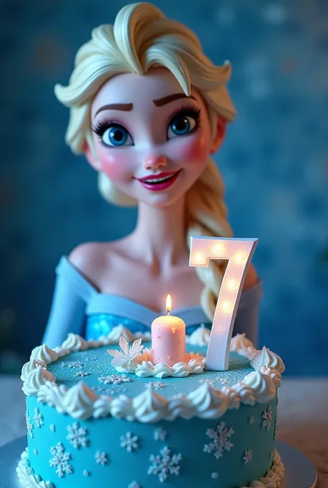  Create an image of Elsa frozen, happy,  foreground, frontal, half open mouth ,  Lighting, clear light , fondo blanco, clear illuminated image , modern, retro, Birthday cake with the number 7 and the word Amanda 