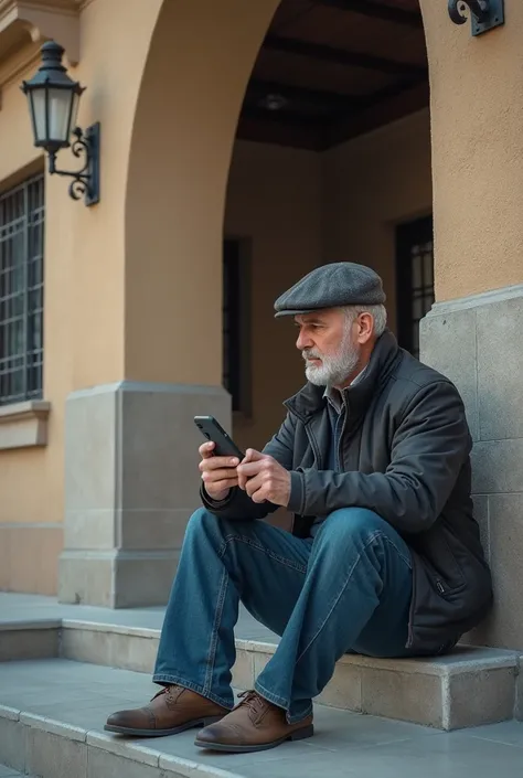 there is a man sitting outside of a building with a cell phone, a picture by Ismail Gulgee, unsplash, tachisme, around 1 , 2 , he is about 30 years old, he is about 3 0 years old, very very low quality picture, 2 , 2 , selfie!!!!! of a man