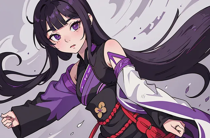 Genshin Style, Black hair, violet eyes, female, Masterpiece, High Resolution, Best Quality, Detail, HD, Long Hair, Bangs, Small Breasts, Simple background, Portrait View, Illustration, Anime, 