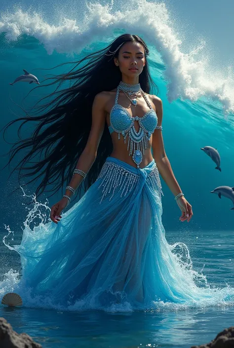 Create a beautiful Iemanjá with long black hair and lots of sparkles on her big dress matching the sea with dolphins in the back and lots of blue guides and shells around a blue Iemanjá create her from the front with pearls coming out of her hand, put her ...