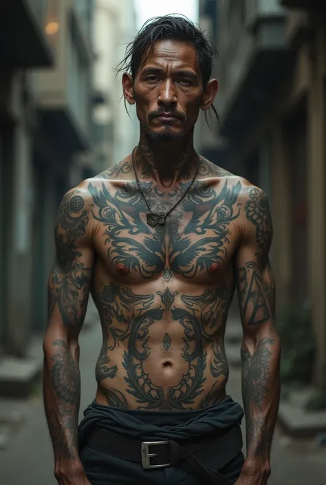 Image of poor young man and has fully tattoo on his skin 