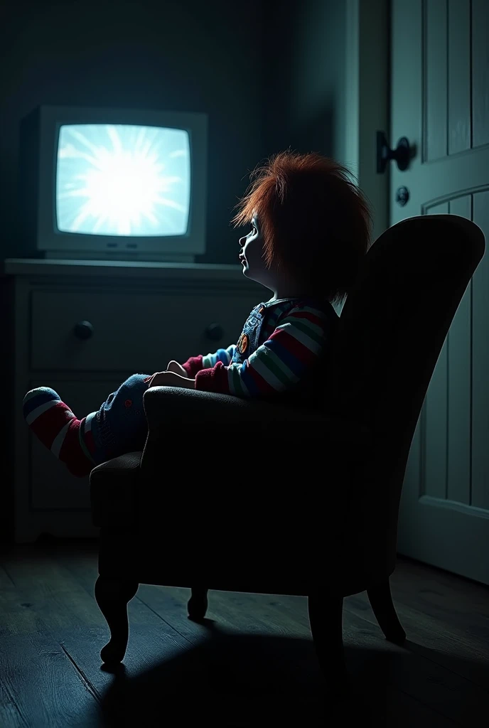 Create an image of the Chucky doll from the movie sitting in an armchair backwards watching TV at night 