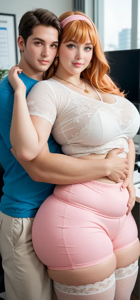 plus size women, 25 years old, voluptuous body, plump, busty, thick, chubby, big breast, big hips, big thigh, huge ass, beautiful face, pink lips, light orange hair color with bangs, light pink headband, gold earring, gold necklace, tight light green lace ...