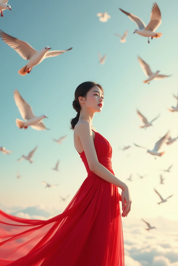 Realistic birds on sky and beautiful korean girl in red tight dress red lips 