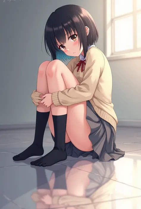  anime style, 1 schoolgirl as punishment, have small heads,Long legs,  My thighs and buttocks are firm , short cut black hair , gray pleated skirt that is above the knee ,Soft、 low angle composition that captures large toes 、 wear a beige cardigan with but...