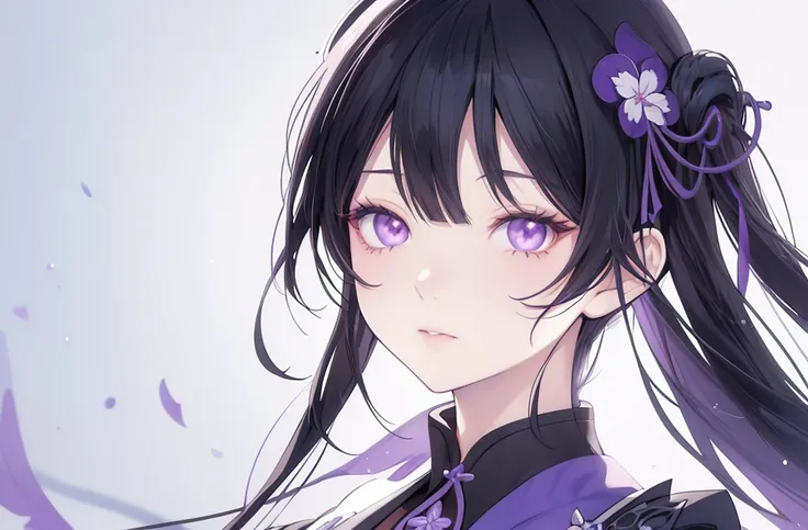 Genshin Style, Black hair, violet eyes, female, Masterpiece, High Resolution, Best Quality, Detail, HD, Long Hair, Bangs, Small Breasts, Simple background, Portrait View, Illustration, Anime, 