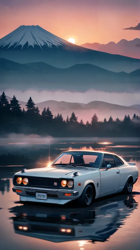 "A vintage 1971 Nissan Skyline GT-R (Hakosuka) parked beside a peaceful lake at sunset. The anime-style sky is filled with swirling orange and pink clouds, and the calm water reflects the dreamy colors. Mount Fuji looms in the background, partially covered...