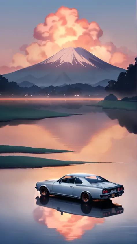 "A vintage 1971 Nissan Skyline GT-R (Hakosuka) parked beside a peaceful lake at sunset. The anime-style sky is filled with swirling orange and pink clouds, and the calm water reflects the dreamy colors. Mount Fuji looms in the background, partially covered...