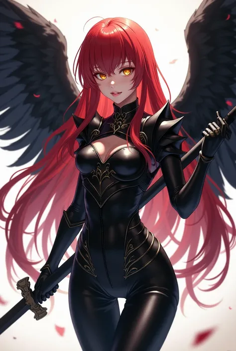 ( top quality,  best angle quality,  official art ,  full body,  and aesthetics :1.2)  Anime Girl, Crow wings on the back,  golden eyes,  long red hair , Armadura preta, black shirt,  black pants,  holding sword.
