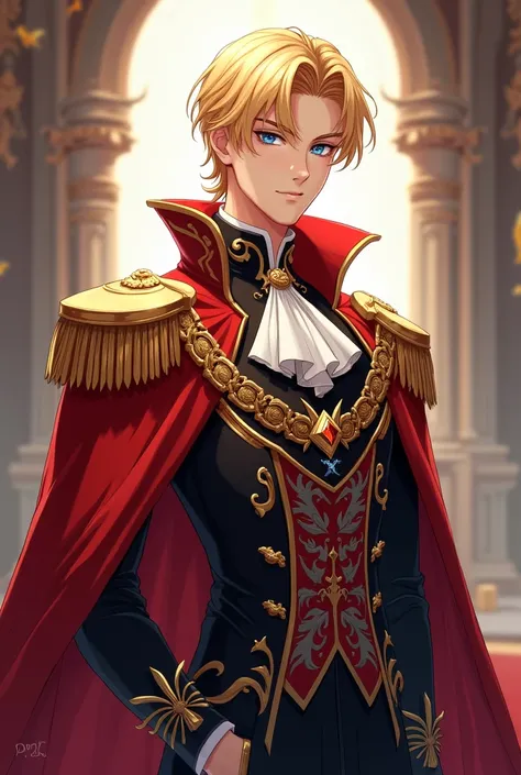 a blond man who is in his early twenties with no facial hair. He has blue eyes and his hair is around neck length. He wears a royal outfit in anime style