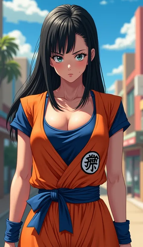 23 year old girl, big breasts, straight black hair, serious expression, dressed like Goku, anime,write the name on the clothes stefany