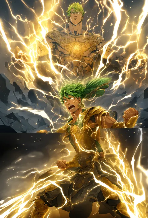  A cinematic 3D action of a powerful warrior with short green hair and goosebumps,  standing on the cracked floor .  As he clenches his fists and lets out a deep sigh ,  his energy begins to increase .  His hair slowly turns Gray ,  shines brightly as her ...