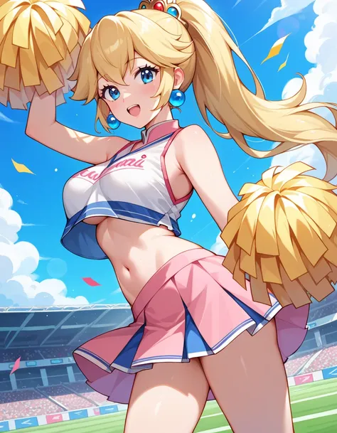 score_9, score_8_up, score_7_up, source_anime, princesspeach, princess peach, blonde hair, blue eyes, long hair,cheerleader,ponytail