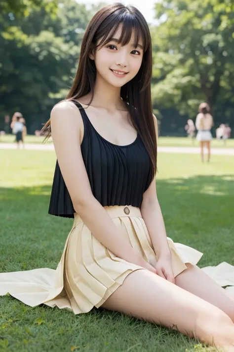 ((( top quality)))　(( masterpiece))　live-action　(((Realistic beautiful girl)))　 Japanese girl　((( cute face )))　(Baby Face)　 looks like a top idol　(( tank top))　((( Pleated Miniskirt)))　(( sitting on the grass in the park))　smile　Creating Bangs