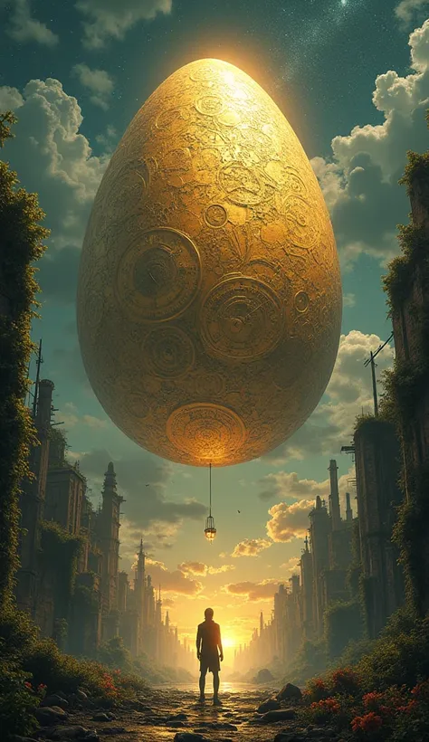 (masterpiece:1.7, Exceptional Quality, Hyper-Realistic, cinematic experience:4.5, best illustration:4.5, more details:5.0), 16k, wallpaper, (A massive, ancient egg stands in the center of a ruined city, its surface covered in intricate clockwork patterns t...