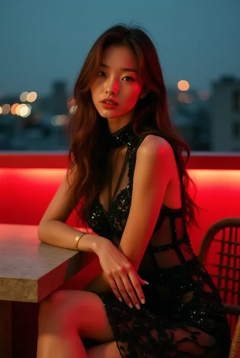 A Japanese woman with a very beautiful beauty like an actress

A captivating and stylish portrait of a young woman with long, flowing brown hair sitting elegantly at a rooftop bar during nighttime. She has a confident and poised expression, with her arms c...