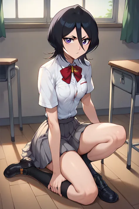 score_9, score_8_up, score_7_up Rukia Kuchiki  purple eyes, medium breasts, School uniform, black shoes in classroom looking at the viewer 