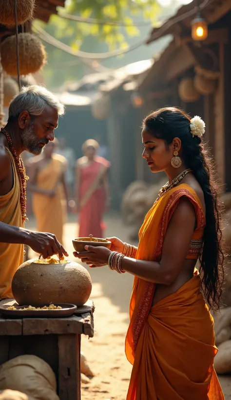 A beautifully detailed ancient marketplace scene featuring a 22-year-old woman with elegant traditional attire, adorned with delicate jewelry, buying coconut oil. She stands gracefully near a wooden stall, holding a small clay or brass container as the oil...