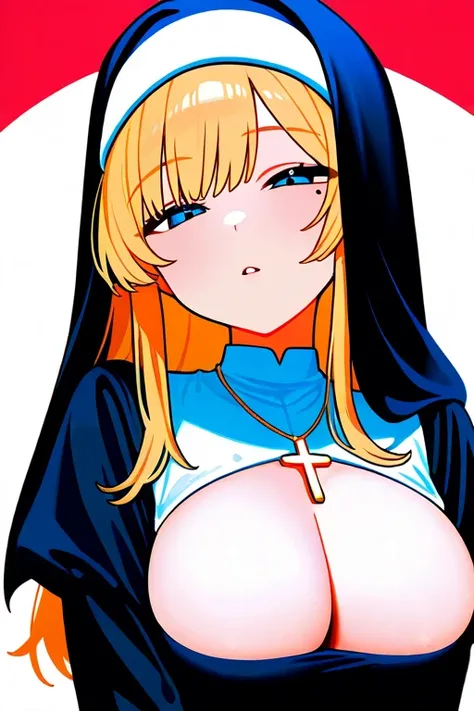 a drawing of a young woman with blonde hair wearing a cross and black nun outfit, 1girl, nun, solo, cross, blue eyes, necklace, blonde hair, habit, jewelry, long hair, cross necklace, looking at viewer, mole under eye, mole,nsfw,half closed eyes large brea...