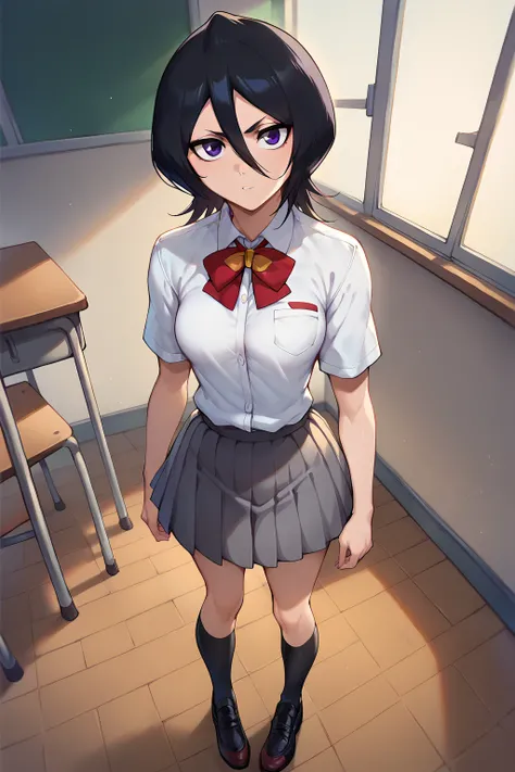 score_9, score_8_up, score_7_up Rukia Kuchiki  purple eyes, medium breasts, School uniform, black shoes in  standing in classroom  looking at the viewer 