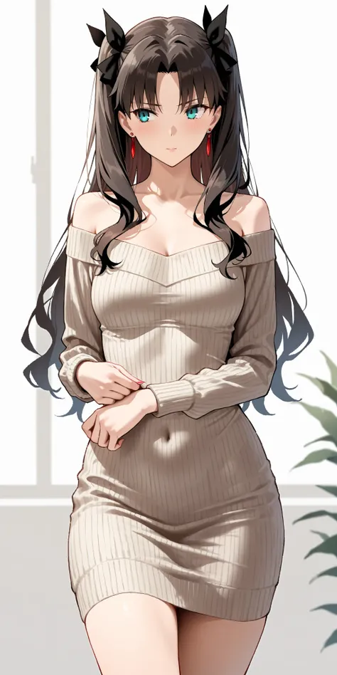 Masterpiece, 1girl, Rin Tohsaka (fate), elegant mature woman, sophisticated, slim, off-shoulder sweater dress, ultra detailed, highres, absurdres, dynamic angle 