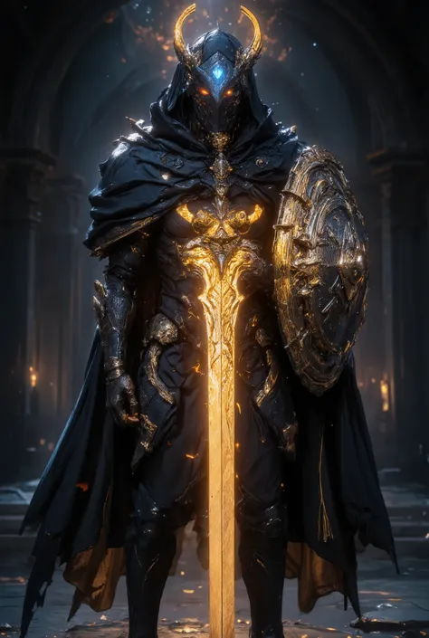 An awe-inspiring paladin wearing golden armor, wielding a sword imbued with radiant light, and holding a golden giant shield. The paladin’s blue eyes shine with determination as they navigate through the dark and mysterious cityscape. The glow of the palad...