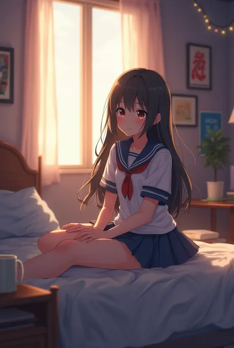 A girl wearing a uniform and hanging out in bed