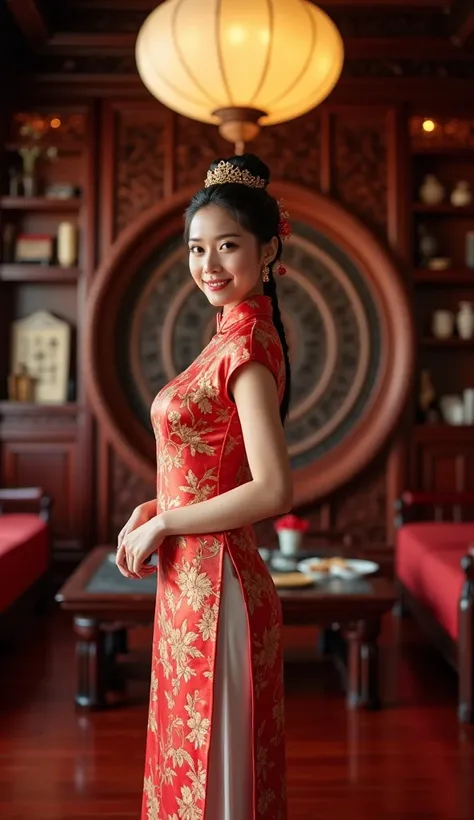 half photo,Chinese-style belly pocket,Elegant Asian woman in traditional attire, looking at viewer ,smile,a red qipao with a pattern of reddish-brown and pale yellow flowers. The dress has a subtle sheen open revealing a white shirt inside. ,adorned with a...