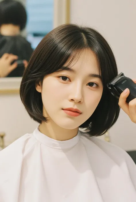 haircut japanese beautiful girl, pixie bob, nape shaved, clippers,back,A 20-year-old Japanese woman whose neckline on the back of her head is shortened close to the hairline with a hair clipper held by a beautiful female hairdresser。I don't have hair on my...