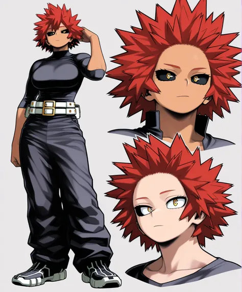 Female, short hair, red hair, spiky hair, upturned hair, short hair, slicked back hair, combed back, bare forehead, slicked back hair, slicked back hair, yellow eyes, slightly tanned skin, flat coloring, 2D coloring, muscular body, bright pupils, black scl...