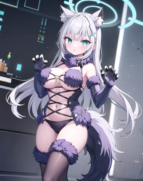 1girl, dangerousbeast,solo,large breasts, wolf girl, elbow gloves, gloves,standing, claw pose, shiroko_bluearchive,