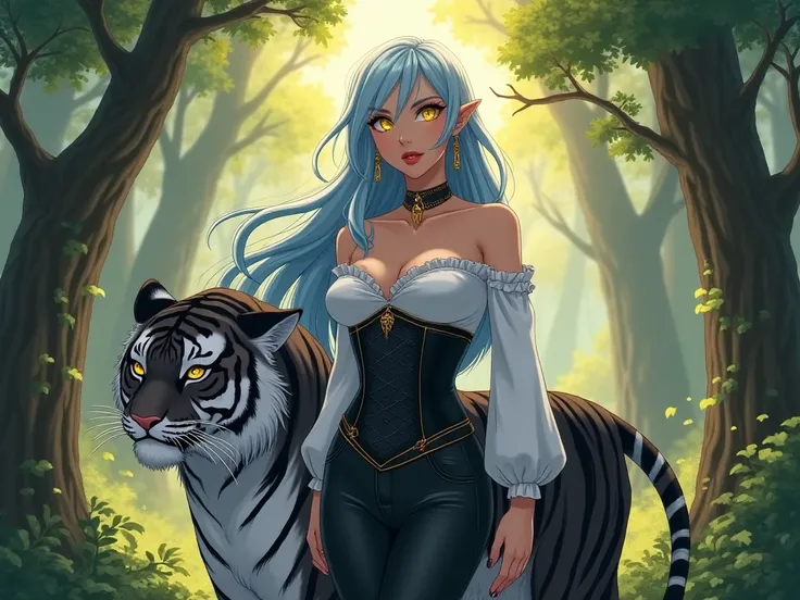 Anime,women elf,curvy,long pale blue hair,hair down an thick,gold eyes,small waist,corset pants,off the shoulder long sleeves,sun shining on hair,gold earrings,choker,forest background,black tiger companion,standing right beside her