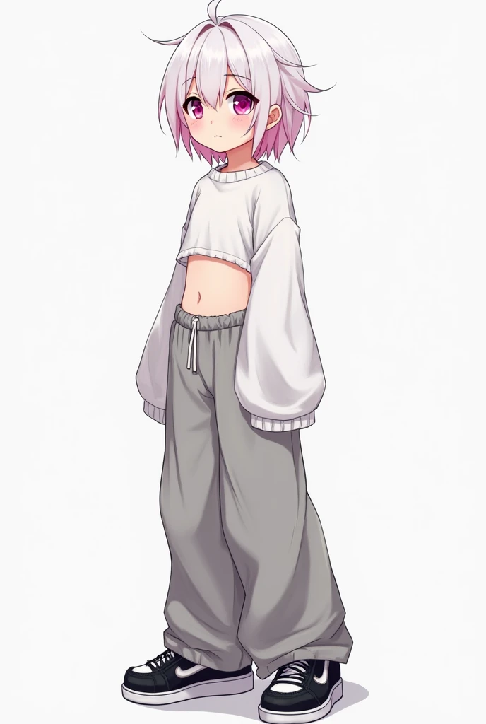 Make it anime style: A boy with white and pink hair, With bright pink eyes.  Wearing a white mini sweater that leaves the bare abdomen exposed and with wide sleeves. Wide gray pants and black and white shoes.